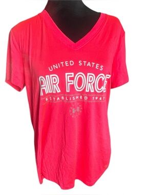 Under Armour Women’s Air Force V-Neck T-Shirt Size Large Coral Pink USAF Logo